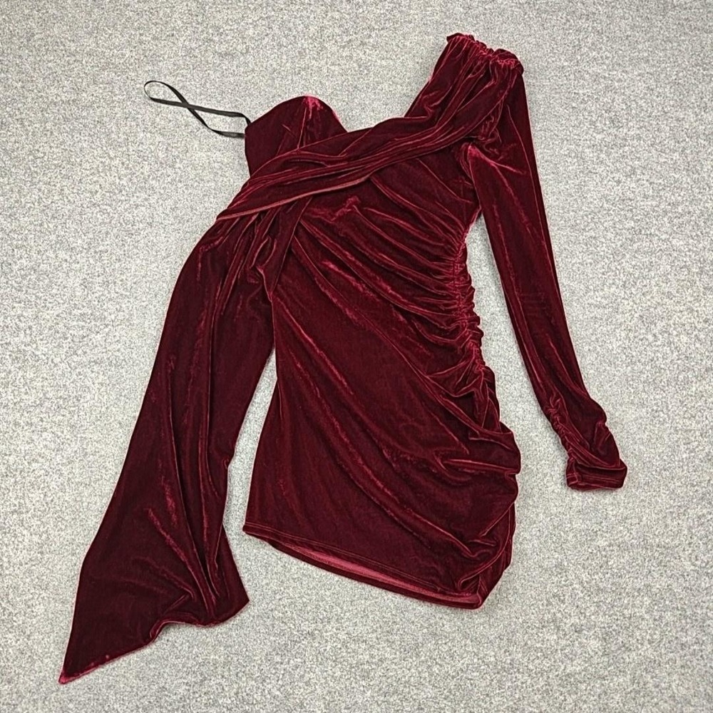 Michael Costello X REVOLVE Dress Womens S‎ Red Velvet Ruched One Shoulder Mini